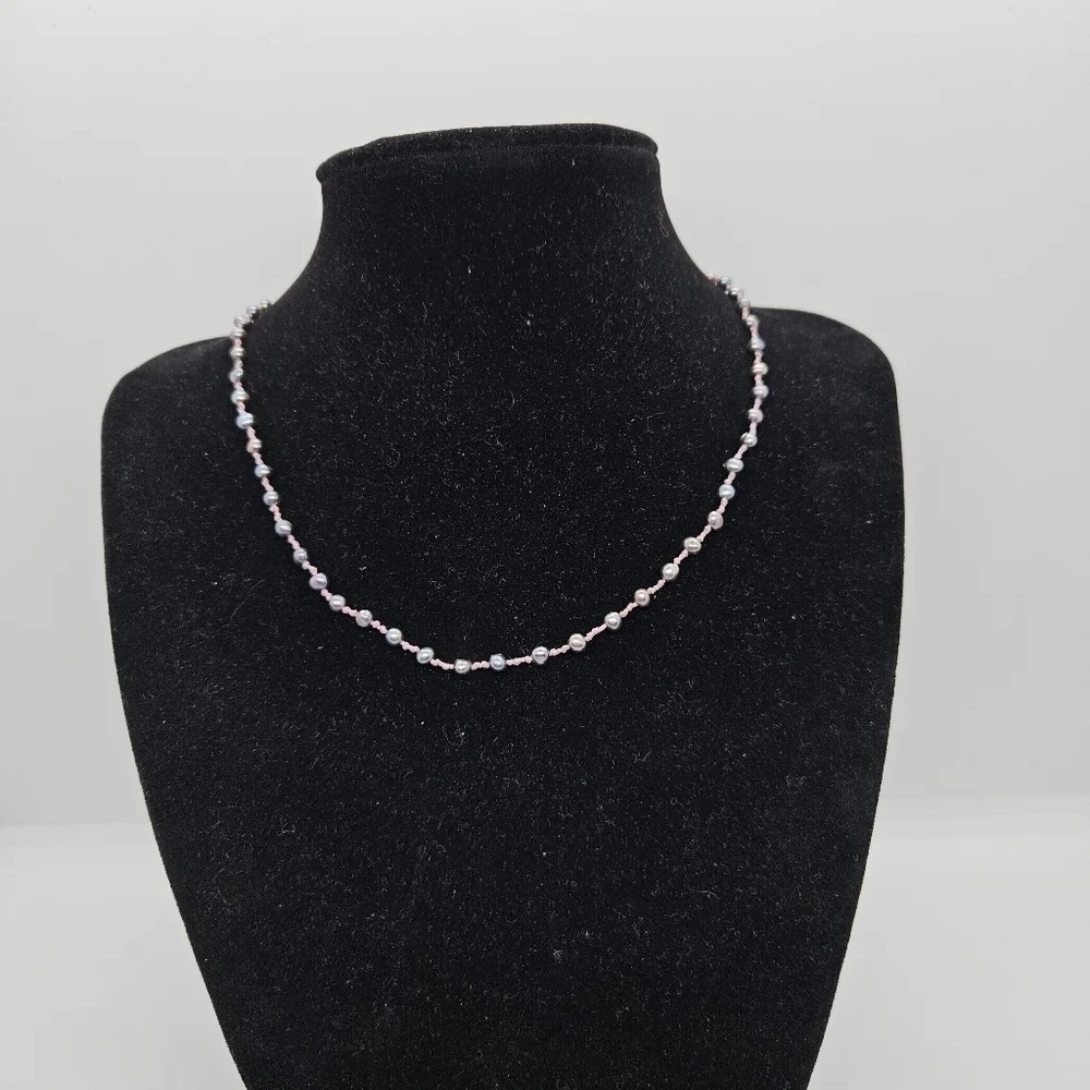 black pearls on pink cord choker with sterling silver clasp